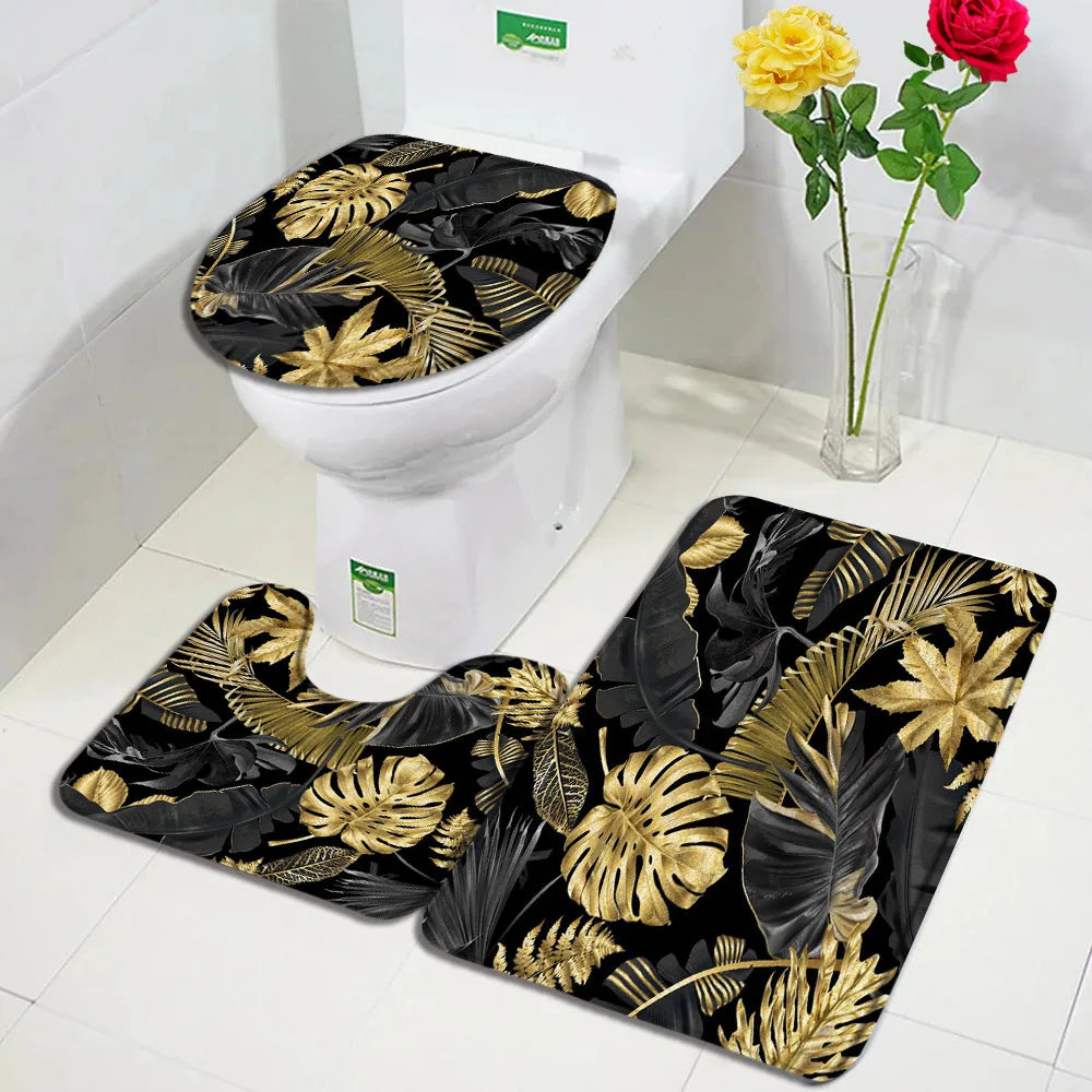 Tropical Plant Bath Mat Set Gold Black Leaves Monstera Palm Leaf Modern Home Carpet Bathroom Decor Non-Slip Rug Toilet Lid Cover