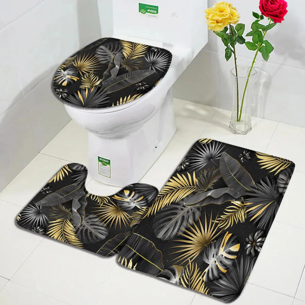 Tropical Plant Bath Mat Set Gold Black Leaves Monstera Palm Leaf Modern Home Carpet Bathroom Decor Non-Slip Rug Toilet Lid Cover