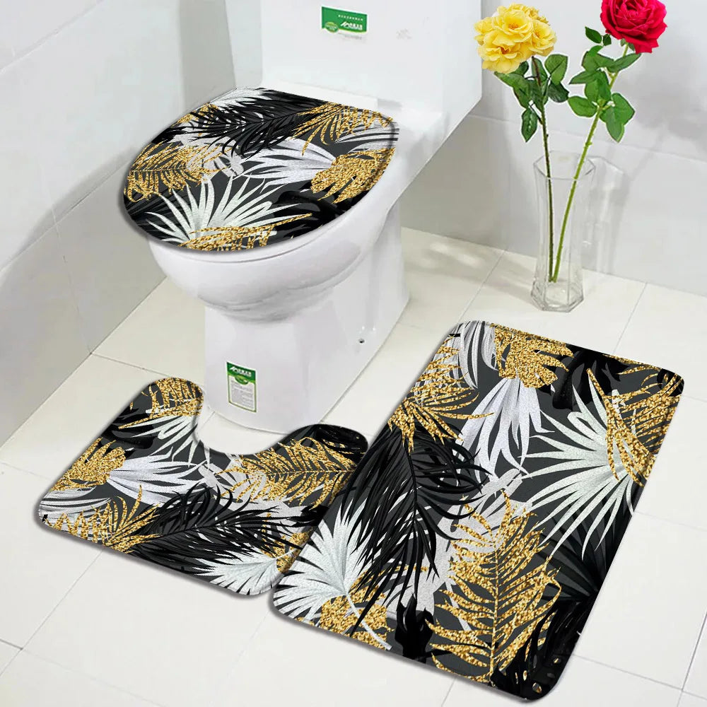 Tropical Plant Bath Mat Set Gold Black Leaves Monstera Palm Leaf Modern Home Carpet Bathroom Decor Non-Slip Rug Toilet Lid Cover