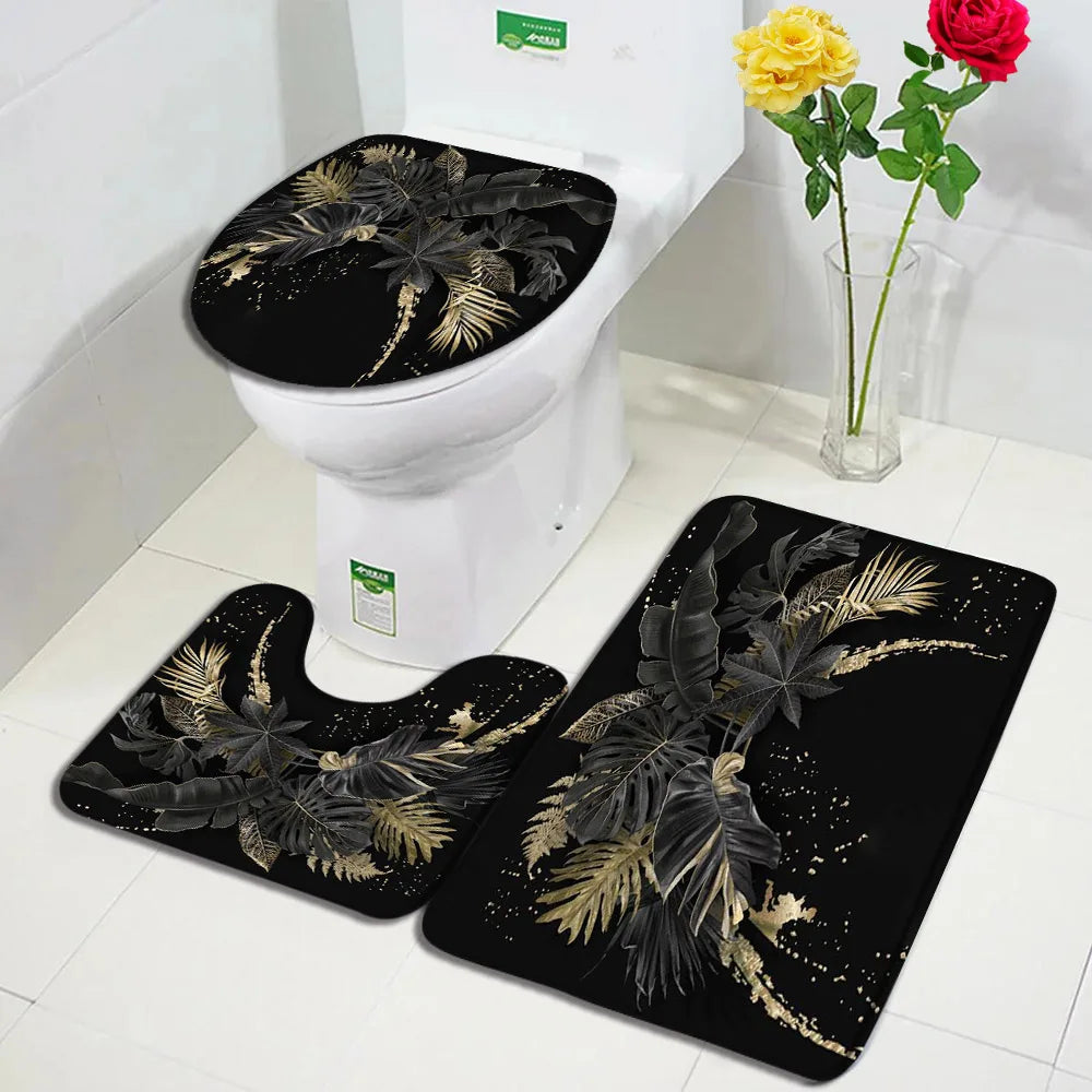 Tropical Plant Bath Mat Set Gold Black Leaves Monstera Palm Leaf Modern Home Carpet Bathroom Decor Non-Slip Rug Toilet Lid Cover